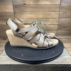 Clarks Cushion Helio Mindin Women's Size 9 M Lace Cork Taupe Wedge Sandal Heels